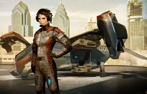 Picture girl, the plane, the game, graphics, art, pilot, Deus Ex, Human Revolution