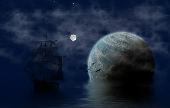 Sea, the sky, birds, reflection, the moon, ship, planet