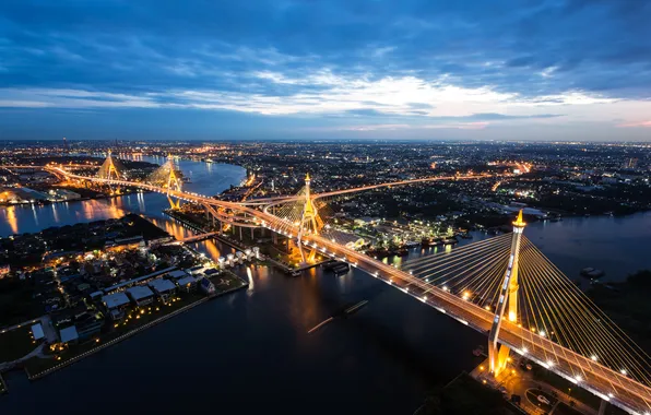 Night, lights, river, home, panorama, Thailand, Bangkok, bridges