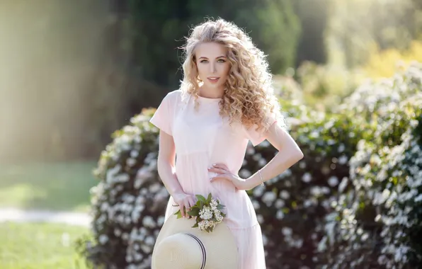 Summer, look, girl, light, flowers, pose, smile, Park