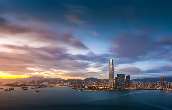 The sky, clouds, sunset, lights, building, Hong Kong, the evening, port