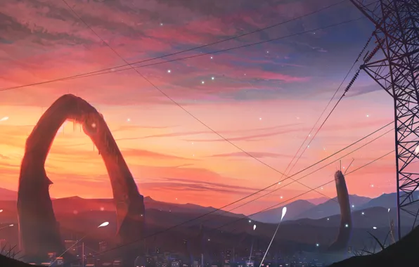 The sky, sunset, the city, power lines