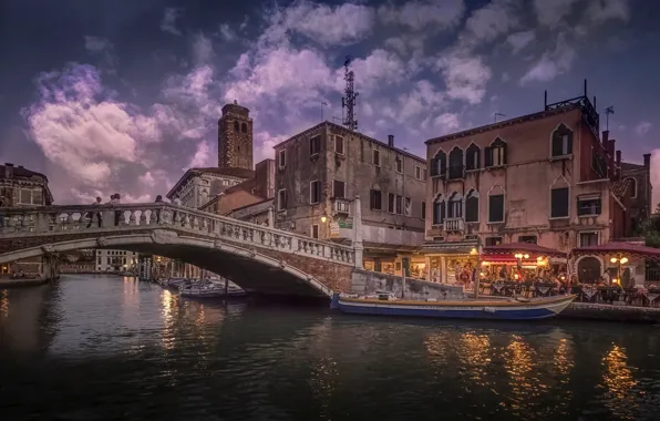 The city, river, boat, Venice, Italy