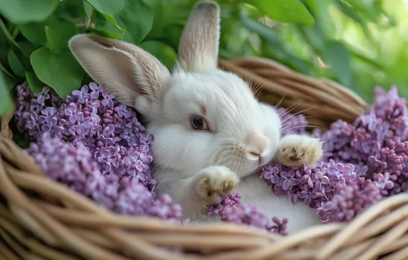 White, flowers, hare, legs, rabbit, face, basket, Bunny