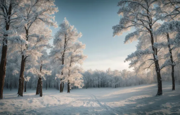 Winter, frost, road, forest, light, snow, trees, landscape