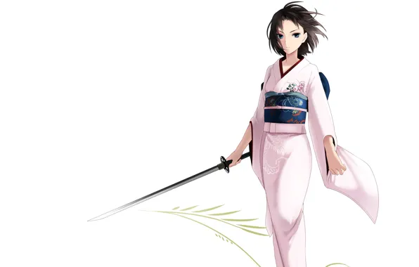 Girl, pattern, sword, katana, kimono, light background, Kara no Kyoukai, the garden of sinners