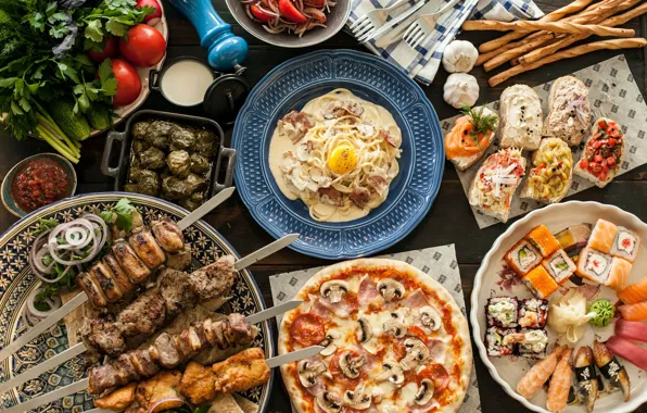 Greens, food, eggs, pizza, kebab, bacon, rolls, noodles
