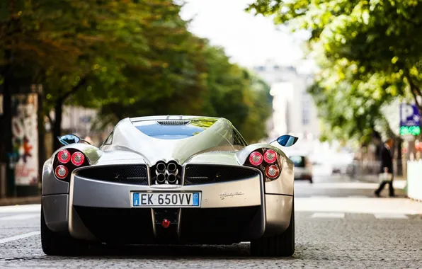 Silver, supercar, Pagani, on the street, back, To huayr