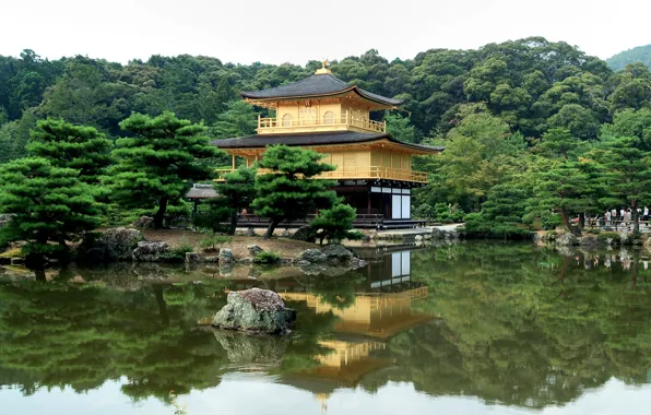 Trees, river, Japan, pagoda