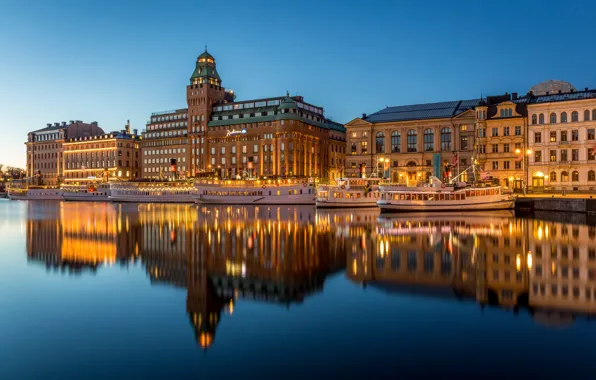 Water, lights, reflection, river, building, home, the evening, Stockholm