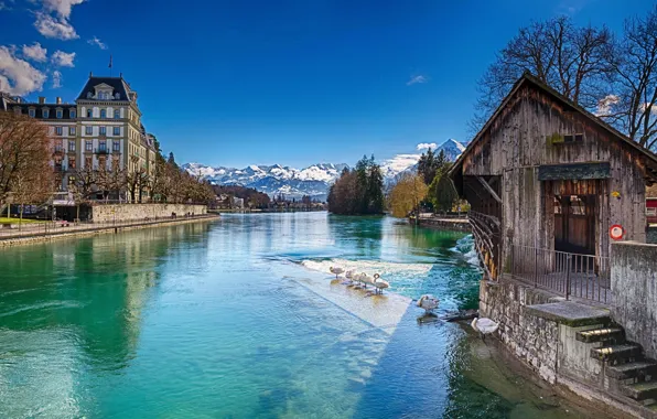 Mountains, nature, house, river, HDR, Switzerland, Switzerland, Houses