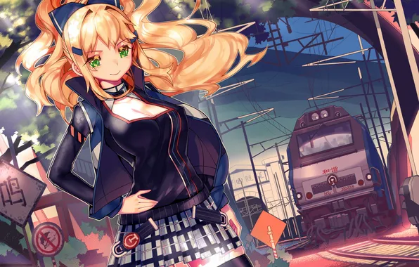 Girl, trees, sign, wire, train, anime, art, leung ka che