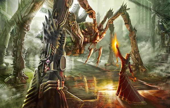 Picture water, fire, magic, people, robot, monster, spider, art