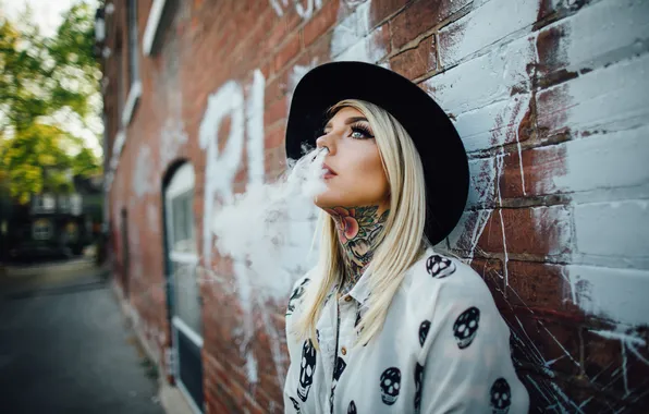 Look, girl, face, background, hair, smoke, hat, makeup