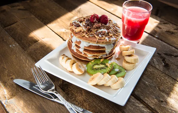 Picture kiwi, banana, condensed milk, pancakes