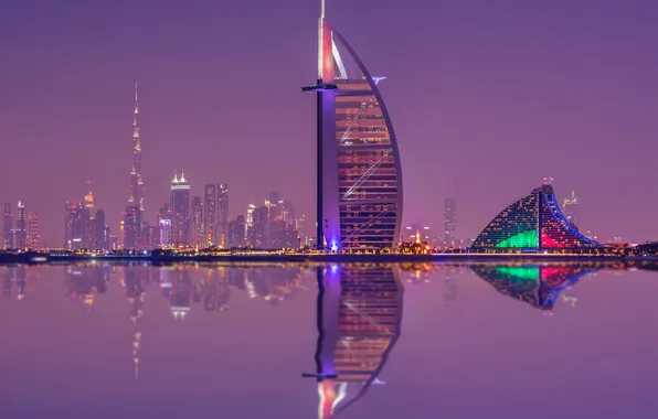 World, Burj Al Arab, Reflection, Skyscrapers, Cityscape, Waterfront, Luxury Hotel, Purple sky