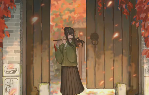 Autumn, girl, flute