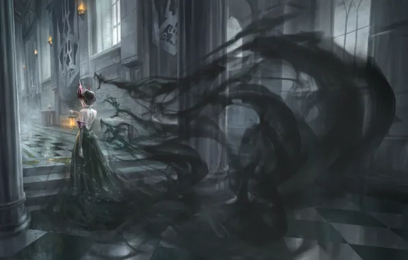Girl, castle, Gothic, fantasy, black shadows