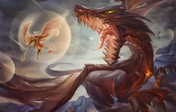Fiction, dragon, wings, art, battle, mouth. angel