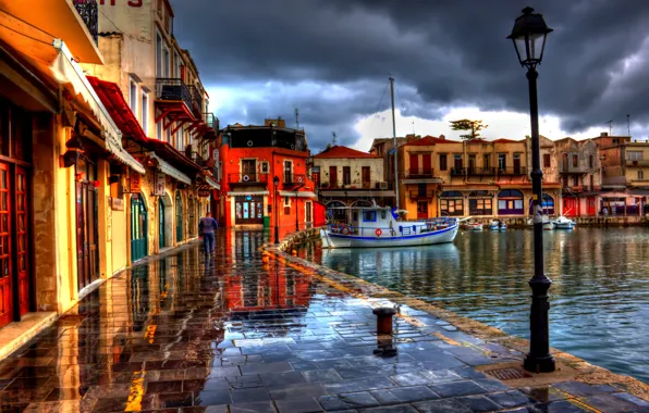 Picture building, boats, Greece, lights, promenade, greece