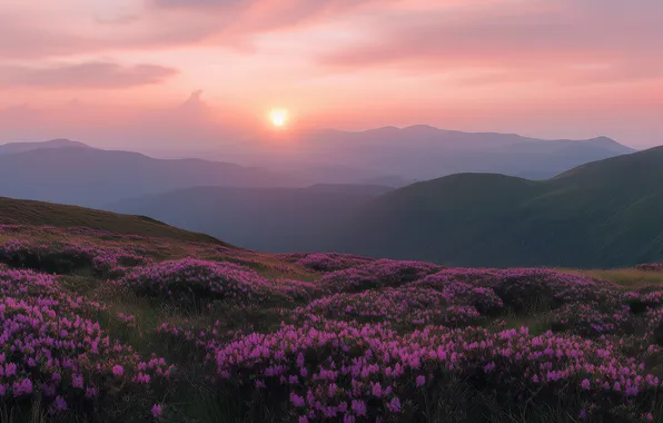 Field, the sun, clouds, flowers, mountains, fog, dawn, hills
