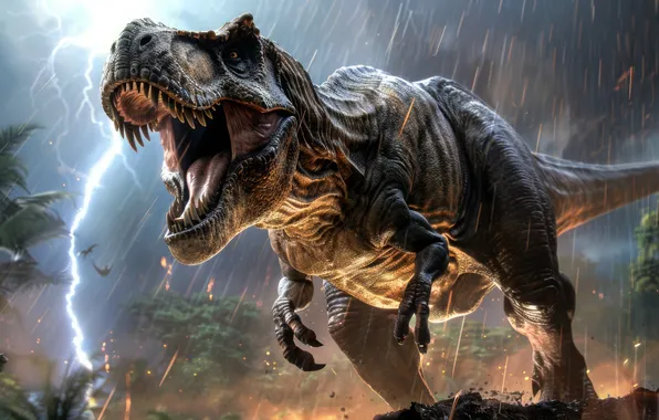 Trees, Lightning, Rain, Clouds, Teeth, Mouth, Predator, Dinosaur