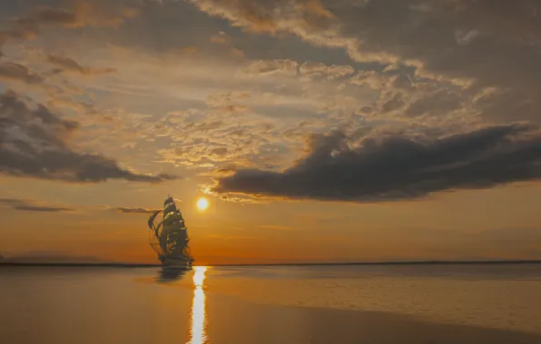 Sea, the sky, the sun, clouds, sunset, ship, sailboat