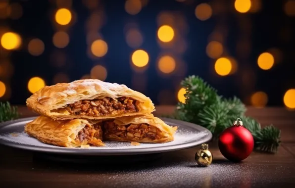 Table, Christmas, pie, New year, cakes, Christmas decorations, festive table, AI art