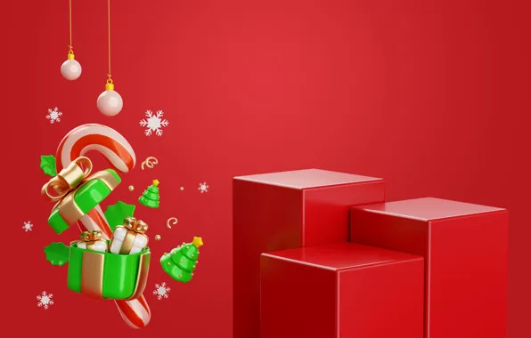 Balls, snowflakes, rendering, box, gift, star, Christmas, cane
