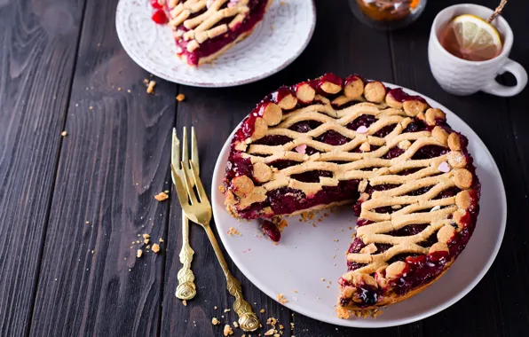 Lemon, tea, pie, cherry, fork