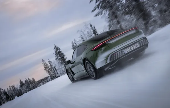 Snow, Porsche, green, rear view, 2020, Taycan, Taycan 4S