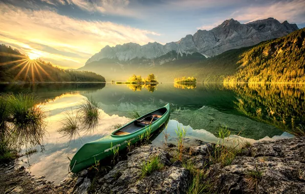 Picture the sun, rays, landscape, mountains, nature, lake, stones, shore