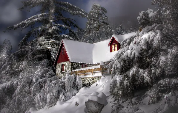 Winter, snow, trees, landscape, mountains, nature, house, stones