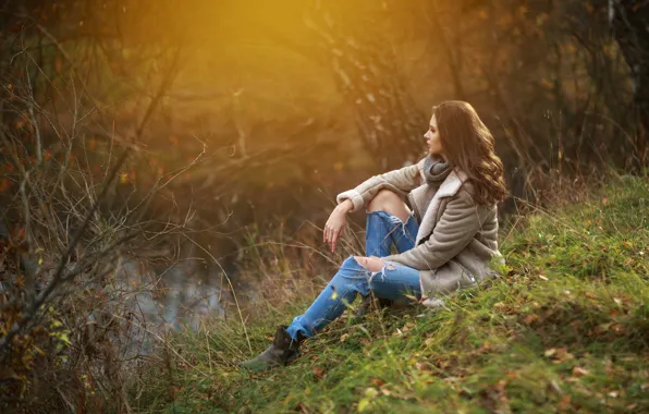 Picture autumn, girl, pose, jacket, nature, ripped jeans, Disha Shemetova, DISHA Shemetova