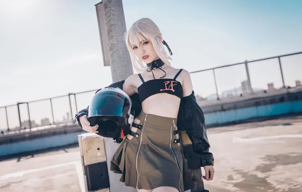 Picture women, cosplay, blonde, asian, skirt, pearls, smoky eyes, leather jacket