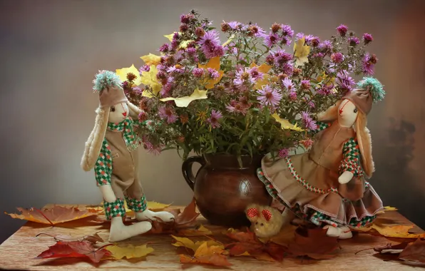 Autumn, leaves, flowers, October, still life, Bunny, chrysanthemum, author toy