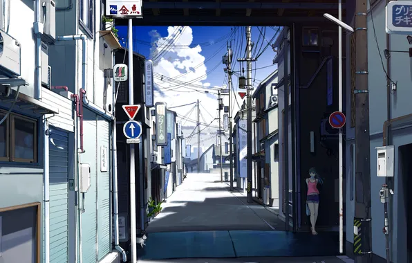 The sky, girl, clouds, the city, street, wire, home, anime