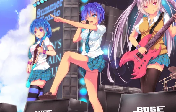 Joy, girls, scene, guitar, speakers, microphone, art, song