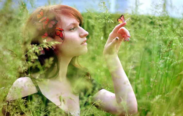 Field, girl, mood, butterfly