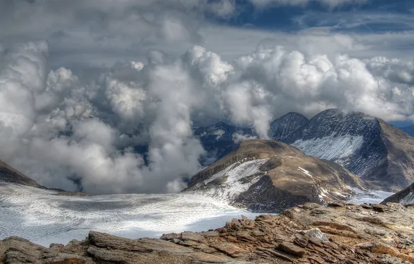 Picture clouds, snow, mountains, rocks, tops, height