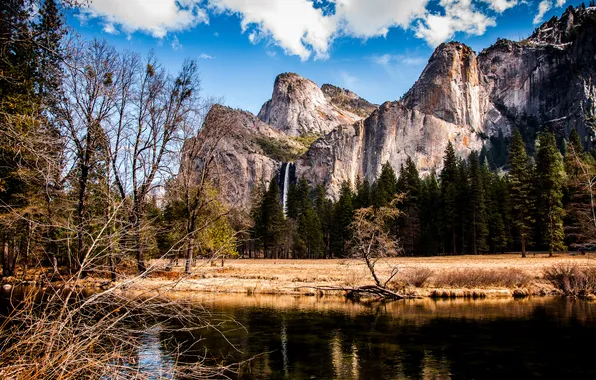 Picture trees, mountains, river, shore, tops, waterfall, USA, Yosemite national park