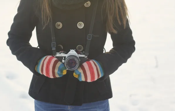 Winter, strips, camera, the camera, coat, mittens