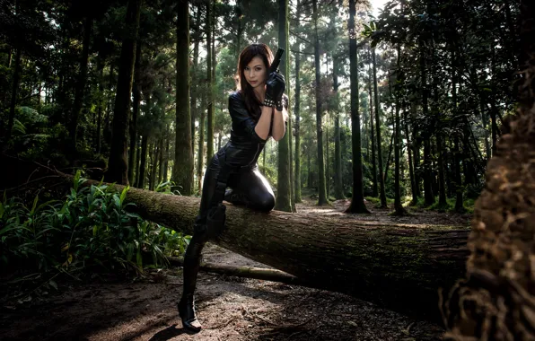 Forest, girl, gun