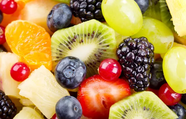 Berries, oranges, kiwi, blueberries, grapes, fruit, a lot, different