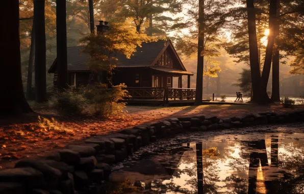 Autumn, forest, the sun, light, trees, fog, house, Park