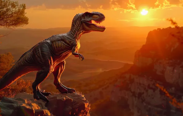 The sun, Clouds, Rock, Dawn, Predator, Dinosaur, Animal, Digital art