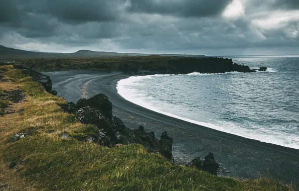 Sea, beach, grass, clouds, rocks, shore, coast, dal