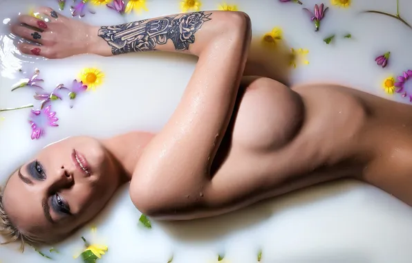 Chest, look, flowers, sexy, pose, model, naked, body