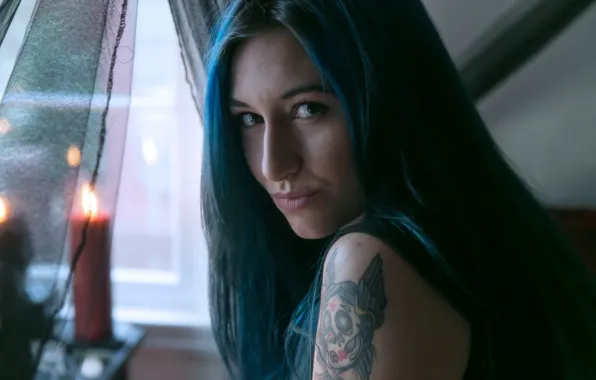Girl, model, Moon, tattoo, blue hair