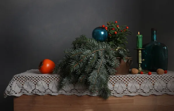 Branches, table, bottle, candle, bouquet, ball, fruit, Christmas